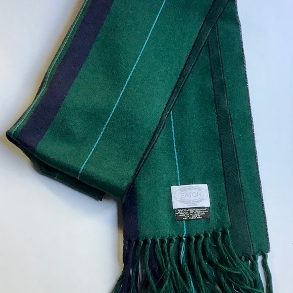 Eaton nice forest green & navy striped 100% wool scarf made in Germany 🇩🇪 - Picture 2 of 6